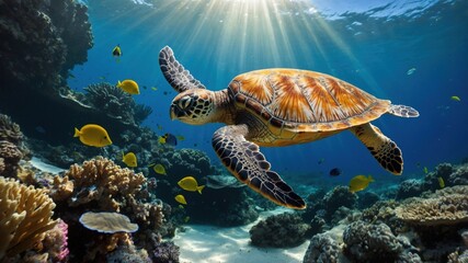Obraz premium Sea turtle gracefully swimming through vibrant coral reef with colorful fish in clear blue water