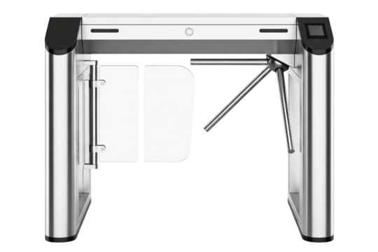 Security access turnstile with flap barrier and tripod gate isolated on a transparent background
