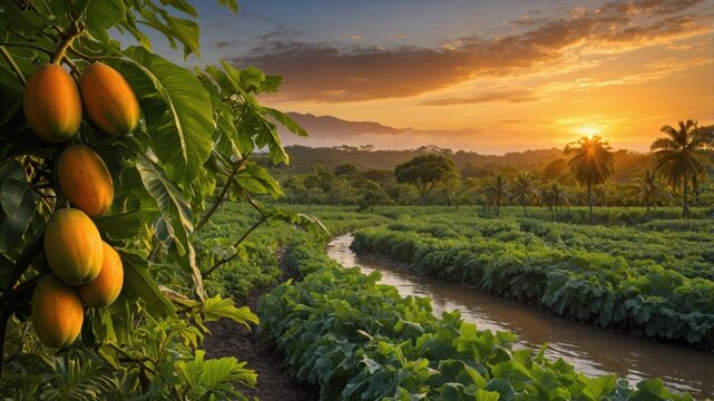 Vibrant sunset over a lush agricultural landscape with papaya trees and a winding river - Powered by Adobe