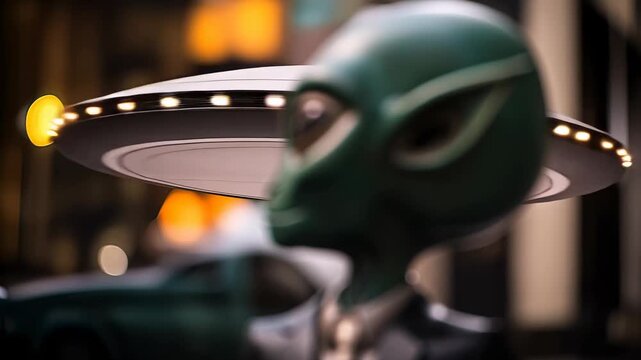 Green alien in suit stands still before turning to reveal hovering ufo spaceship in urban street with bokeh lights video footage.