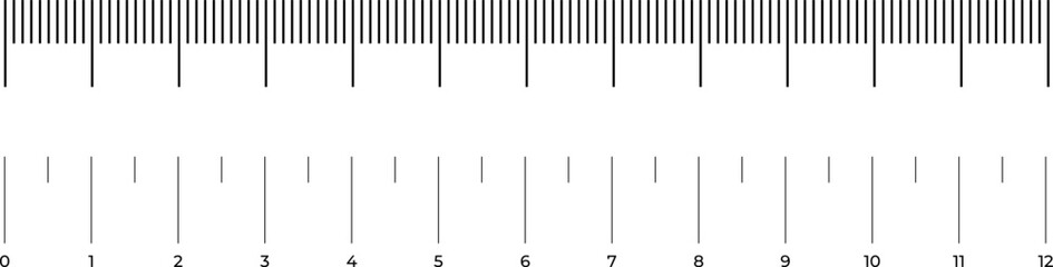 Naklejka premium Ruler scale with markings and numbers in Inch centimeters and millimeters units, measuring metric scale. Graduated ruler vector illustration on a white background. Various measurement scales
