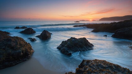 Serene sunset over rocky coastline with gentle waves, creating a tranquil atmosphere at dusk