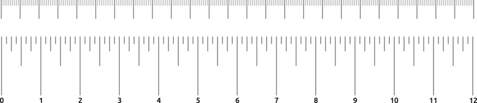 Ruler scale with markings and numbers in Inch centimeters and millimeters units, measuring metric scale. Graduated ruler vector illustration on a white background. Various measurement scales