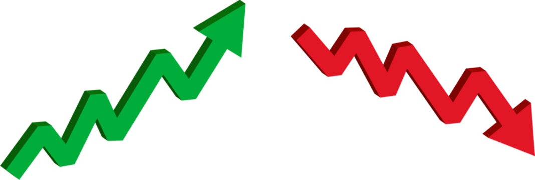 Green up and red down 3d arrow graph showing rising, descending trend, business result, profit or loss symbol symbol. Business arrow, goals concept. 3d world money symbols. Financial growth vector