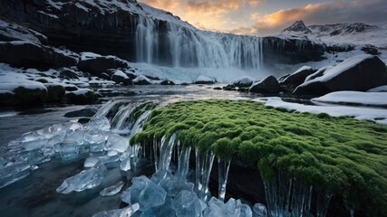 Majestic waterfall cascading over rocky cliffs, surrounded by icy terrain and lush greenery at sunset