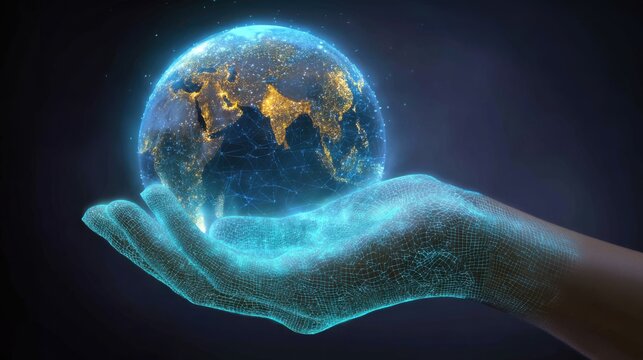 A hologram of planet Earth in a human hand. A concept of global connectivity, technology, and responsibility for the world. - Powered by Adobe