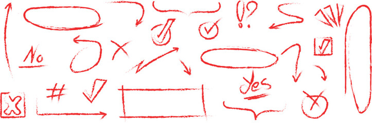 Hand-drawn speech bubbles check marks arrows and emphasis marks collection for children's creative projects