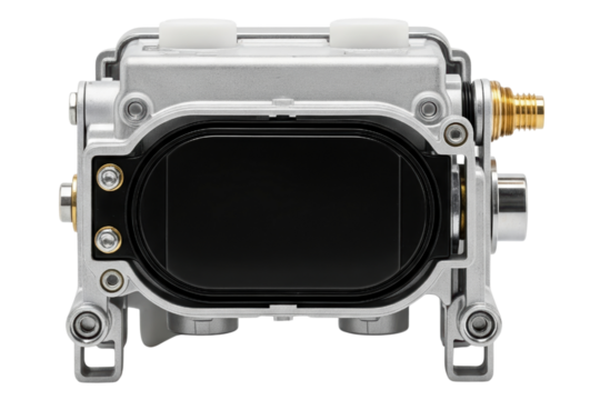 Internal mechanics of a concealed thermostatic shower mixer valve isolated on a transparent background