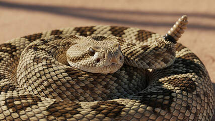 Obraz premium Coiled rattlesnake ready to strike on sandy ground