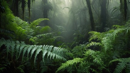 Lush green ferns thrive in a misty rainforest, showcasing nature's beauty and tranquility