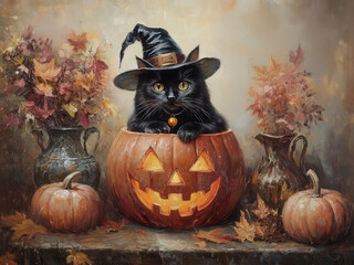Halloween Black Cat in Jack O Lantern Wall Art
