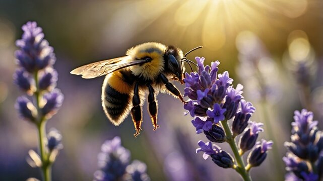 Close-up of a bee pollinating lavender flowers in a sunlit garden, showcasing nature's beauty - Powered by Adobe