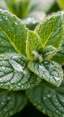 Dew Drops Adorn Vibrant Green Mint Leaves Capturing the Essence of Freshness and Natural Beauty in a Macro Close Up Revealing Intricate Leaf Veins and a Refreshing Aroma