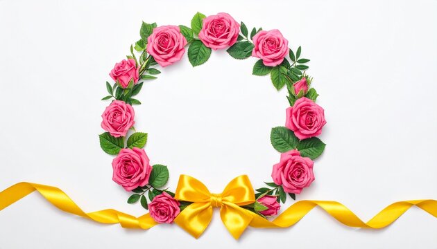 Pink rose flower wreath with golden ribbon on white background, top view. Floral frame for greeting card, wedding invitation, or holiday design. Copy space for text.