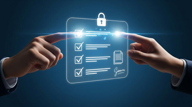 Two hands interact with a secure digital checklist interface