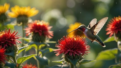 Naklejka premium Hummingbird in vibrant garden, feeding on red flowers with sunlit background and colorful blooms