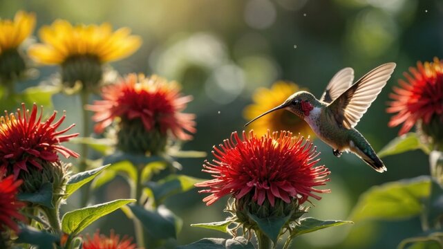 Hummingbird in vibrant garden, feeding on red flowers with sunlit background and colorful blooms - Powered by Adobe
