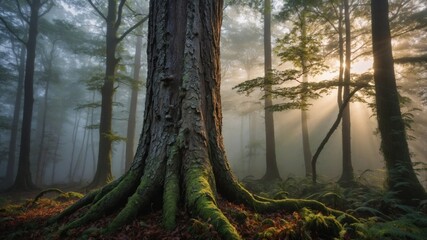 Majestic tree trunk surrounded by misty forest, sunlight filtering through leaves, serene atmosphere