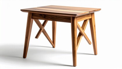 Rustic wooden table with rectangular top, angled legs, and cross-bracing