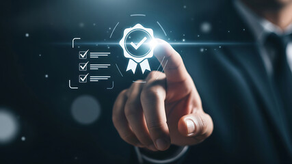 Businessperson touches digital quality assurance certification icon