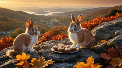 Two adorable rabbits enjoying a plate of cupcakes amidst vibrant autumn foliage in a scenic valley