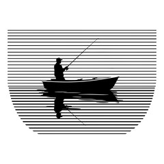 Silhouette of a fisherman in a boat fishing on water with horizontal lines in the background scenery