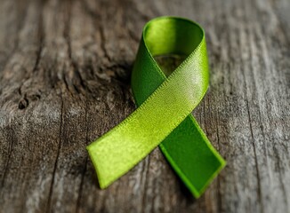Symbolizing hope and resilience, a vibrant green ribbon rests elegantly on a rustic wooden background, embodying the crucial awareness and support for mental health journeys.