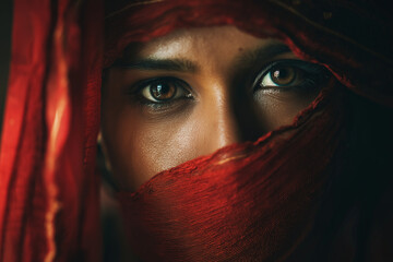 Naklejka premium Indian woman in sari with dupatta covering half face, eyes expressive, cinematic lighting.