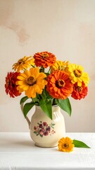 Colorful zinnias in a cream pitcher