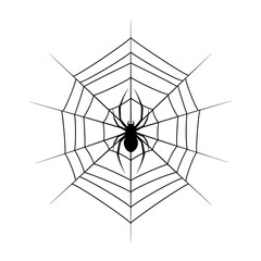 Fototapeta premium Illustration of a black spider sitting in the center of a detailed and symmetrical spiderweb on white background