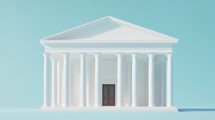Minimalistic architectural design of a grand white building with tall columns and a single doorway set against a bright blue background featuring soft lighting.