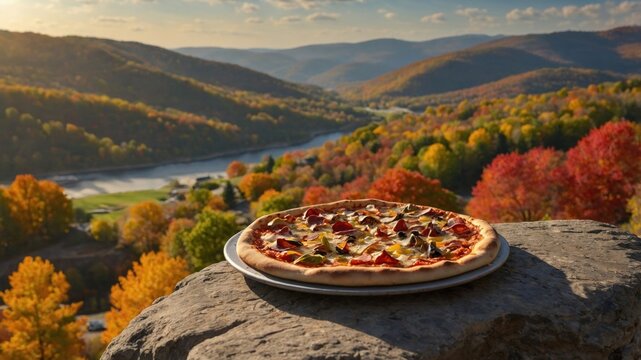 Scenic autumn landscape featuring a delicious pizza on a rock, with vibrant fall foliage and a river - Powered by Adobe