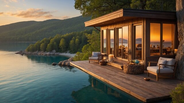 Serene lakeside cabin at sunset with tranquil waters, lush greenery, and distant hills in view - Powered by Adobe