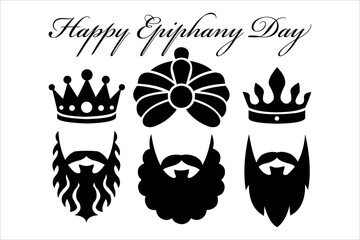 Happy epiphany day kings silhouettes with crowns and beards festive greeting graphic