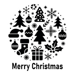 Merry christmas festive icons circle arrangement featuring trees ornaments snowflakes gift holly