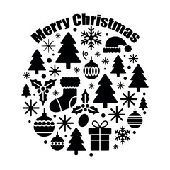 Merry christmas icon festive design featuring trees snowflakes ornaments stockings gifts holly and santa hat