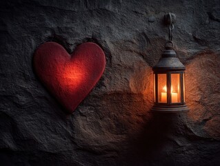 Glowing Heart and Old Lantern on Dark Stone Wall Warm Light on Rough Surface Evening Ambiance Ancient Candle Lamp Illumination Textured Background