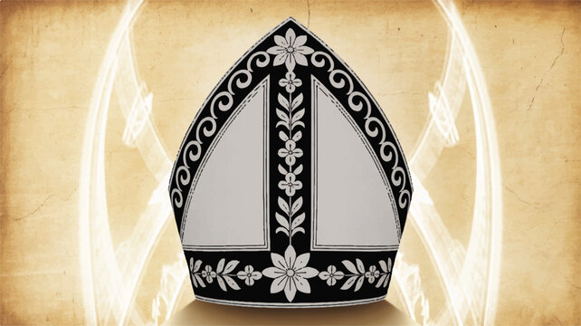 A black and white ornate bishop's mitre (miter) in a traditional Gothic style 
