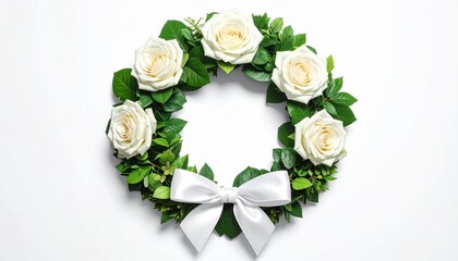 Elegant white rose wreath with green leaves and a white ribbon bow on a clean background, perfect for sympathy, weddings, or decorative themes.