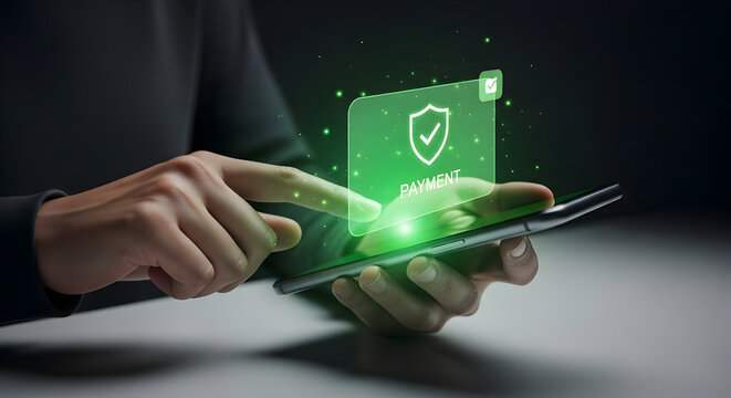 Secure Mobile Payment Verification with Glowing Shield and Checkmark