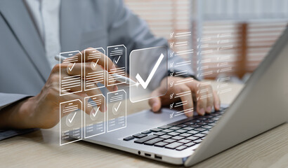 Online document validation and quality assessment management, businessman reviewing checklist for...