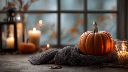 Cozy Halloween night scene with glowing pumpkins and flickering candles on a rustic table, soft window light creating a warm, inviting atmosphere for festive celebrations and spooky decor inspiration.