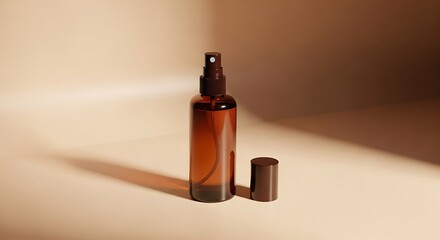 Spray bottle mockup with cap, displayed on soft brown surface with gradient light and deep shadows.