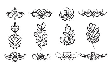 Collection of elegant black and white hand drawn floral and decorative ornamental flourishes and dividers