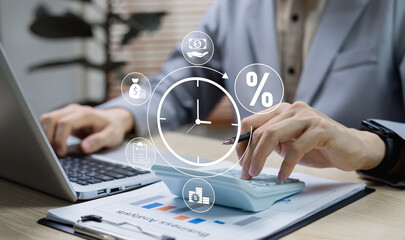 Business investment strategy showing finance growth with interest rates, dividends, income,...