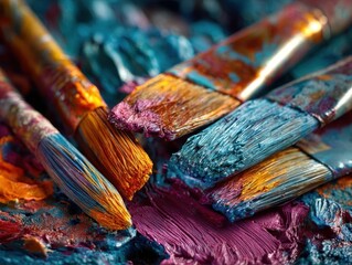 Fototapeta premium Chromatic Harmony: Vibrant Paintbrushes with Textured Brushstrokes, Painterly Composition, Expressive Fine Art, Color Palette, Artistic Tool, Creative Design and Inspirational Impasto