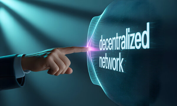 Finger Touching a decentralized Network Illuminated Graphic, Digital Concept