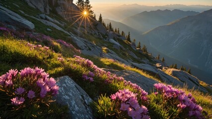 Vibrant wildflowers bloom on a rocky slope at sunset, with mountains and trees in the background