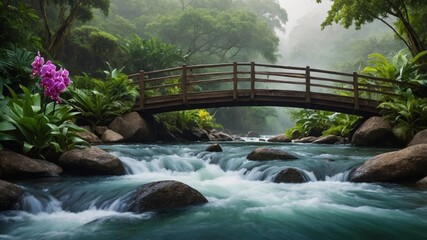 Serene river flowing under a wooden bridge surrounded by lush greenery and blooming orchids
