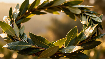 A close-up of a laurel wreath made of green leaves with dewdrops, illuminated by soft sunlight.